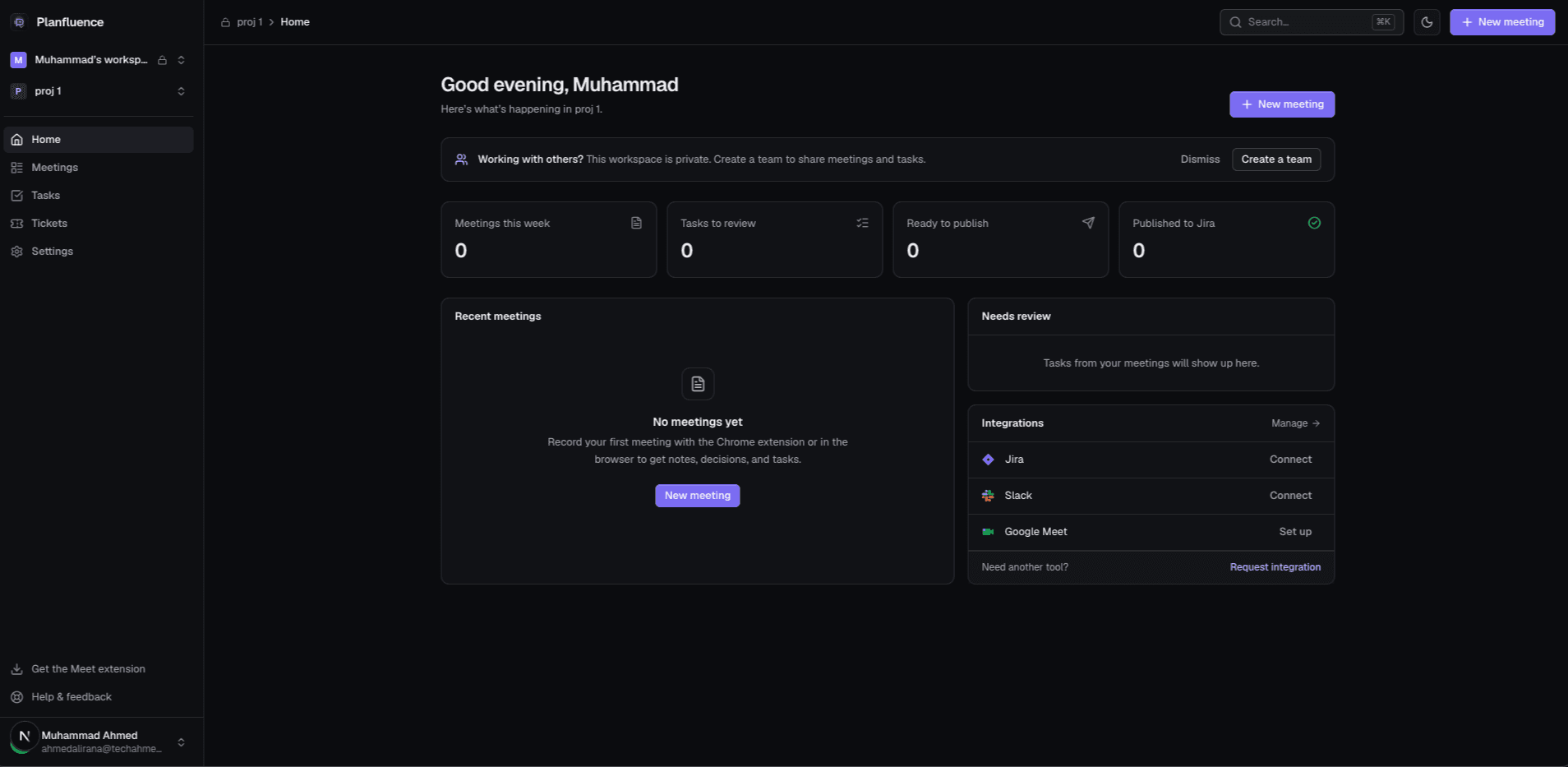 The Planfluence home dashboard showing meeting stats, recent meetings, tasks to review, and integrations in dark mode.