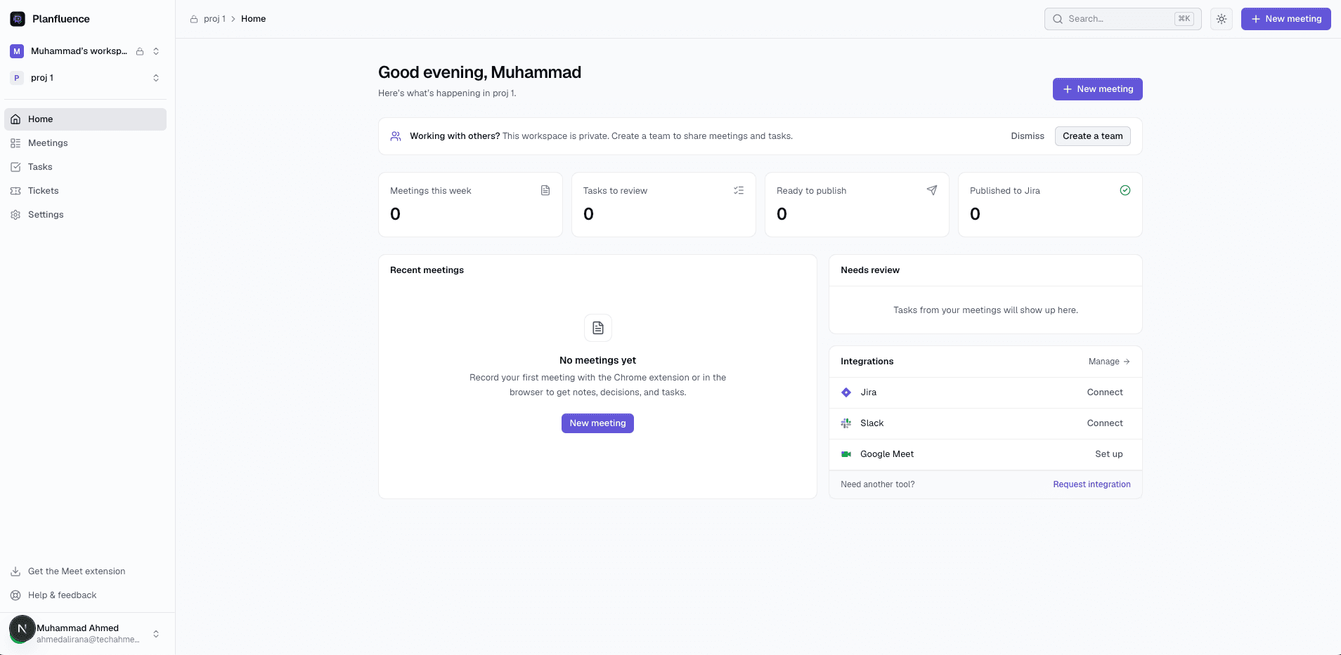 The Planfluence home dashboard showing meeting stats, recent meetings, tasks to review, and integrations in light mode.